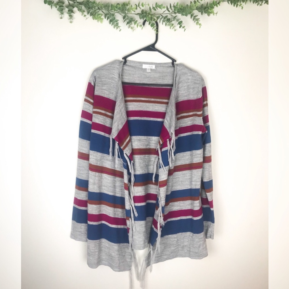 Striped Gray Duster Cardigan With Tassels
